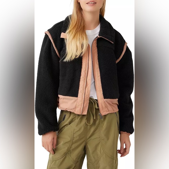 NWT Free People FP Movement Courtside Fleece Jacket in Black & Peach Bark Combo - Picture 9 of 14